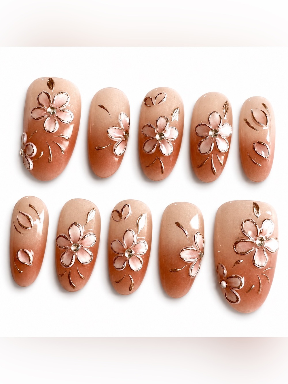 Gradient Floral Press-On Nail Set with Floral Accents